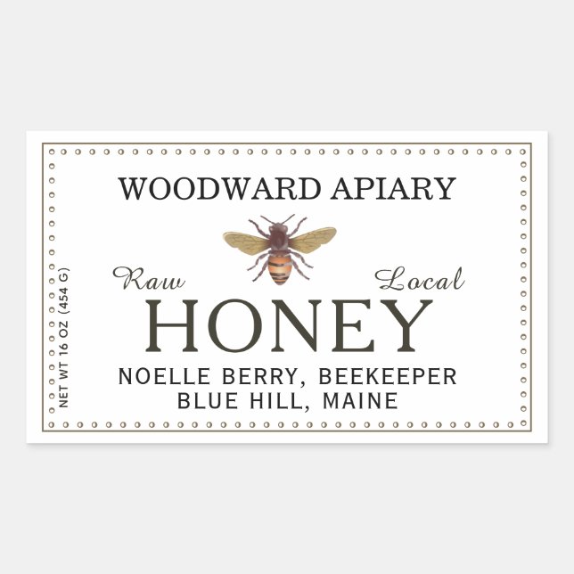 White Double Border Honey Label with Honeybee (Front)