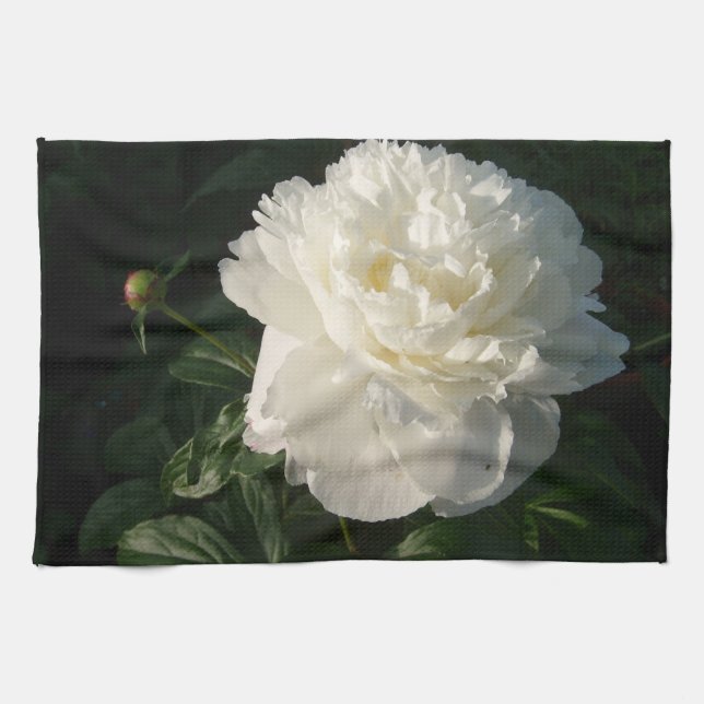 White Double Peonies Kitchen Towel (Horizontal)
