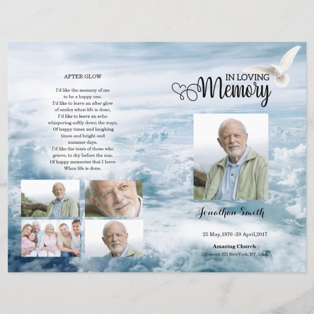 White Dove and Sky Funeral Program template (Front)