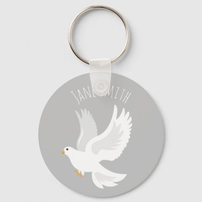 White dove bird on grey keychain (Front)