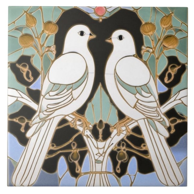 White Dove Birds Art Nouveau Doves Bird Art Deco Tile (Front)