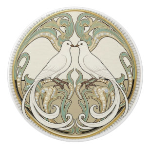 White Dove Birds Sage Green Gold Art Deco Nouveau Ceramic Knob