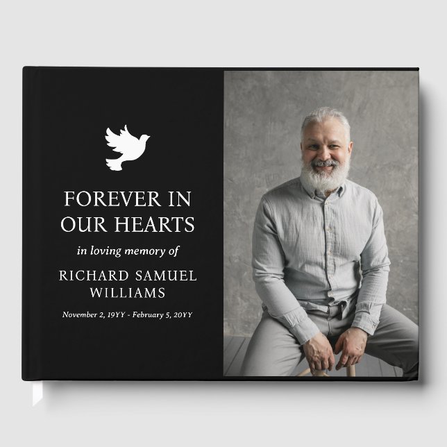 White Dove Black Minimalist In Loving Memory Photo Guest Book (Front)