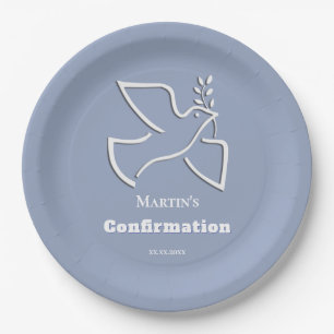 white dove blue background Confirmation Paper Plate