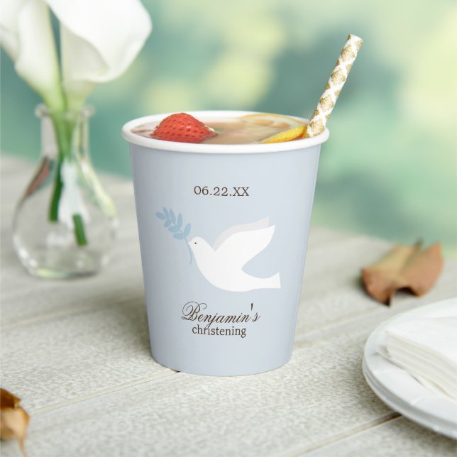 White Dove Boy Christening Personalized Paper Cups (Insitu)