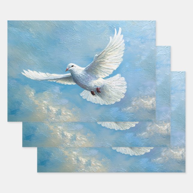 White Dove Flying Blue Background Wrapping Paper Sheet (Set)