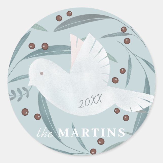 White Dove Light Blue Christmas Holiday Classic Round Sticker (Front)