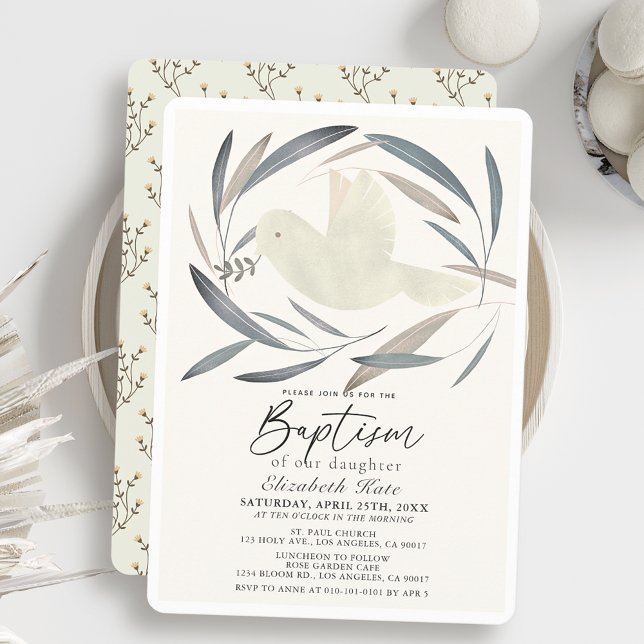 White Dove Olive Branch Greenery Baptism Invitation (Creator Uploaded)