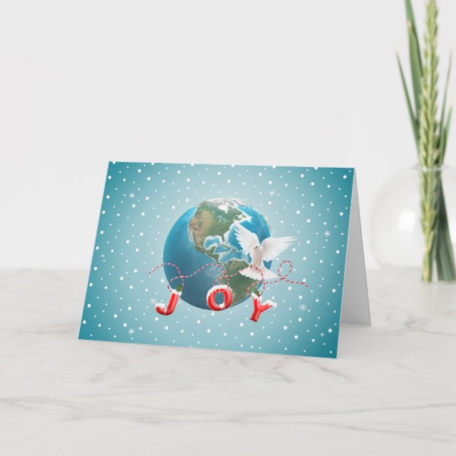 White Dove On Earth Planet With JOY Text Holiday Card (Front)