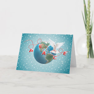 White Dove On Earth Planet With Peace Text Holiday Card