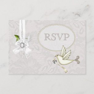 White Dove Paisley Lace & Cameo Bow RSVP Wedding Card