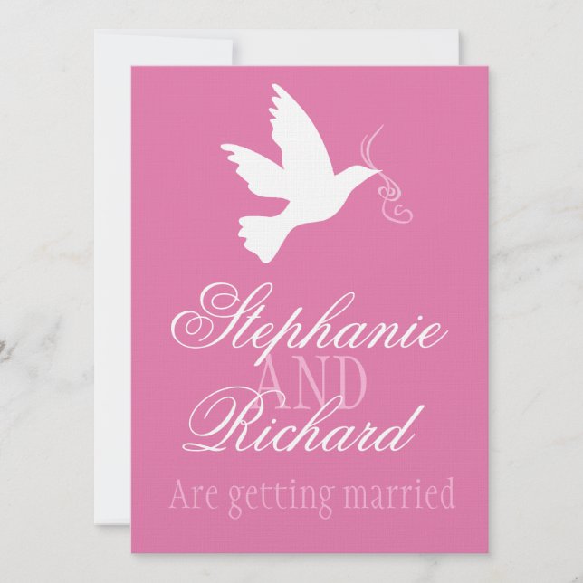 White dove pink ribbon formal wedding invite (Front)