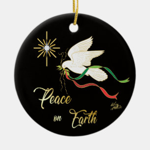 White Dove Spreading Peace On Earth Ceramic Ornament