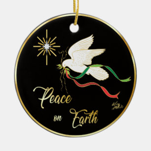 White Dove Spreading Peace On Earth Ceramic Ornament