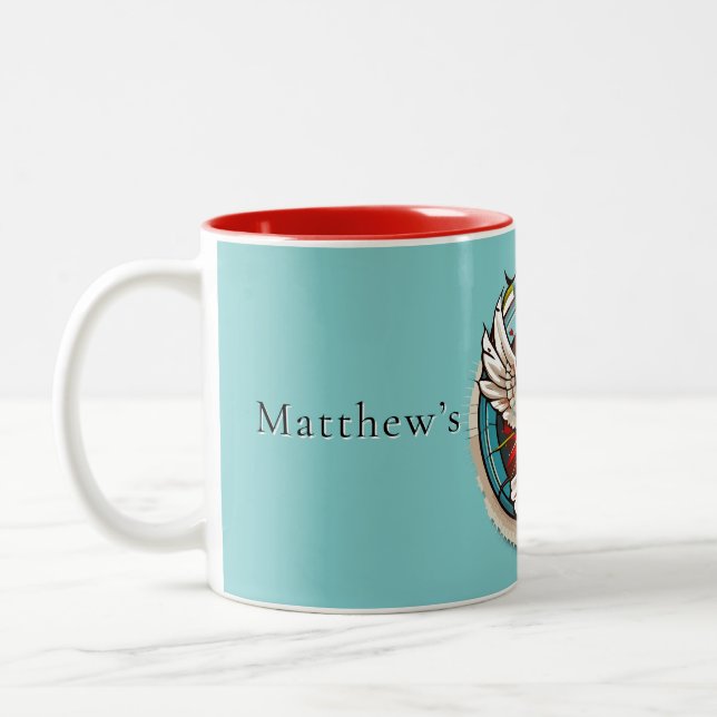 White Dove Teal Blue Confirmation Celebration  Two-Tone Coffee Mug (Left)