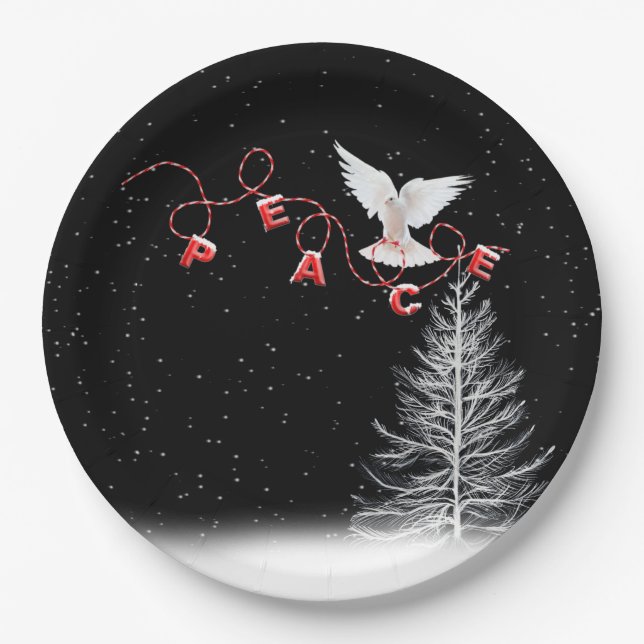 White Dove With Peace Christmas Ornament Paper Plate (Front)