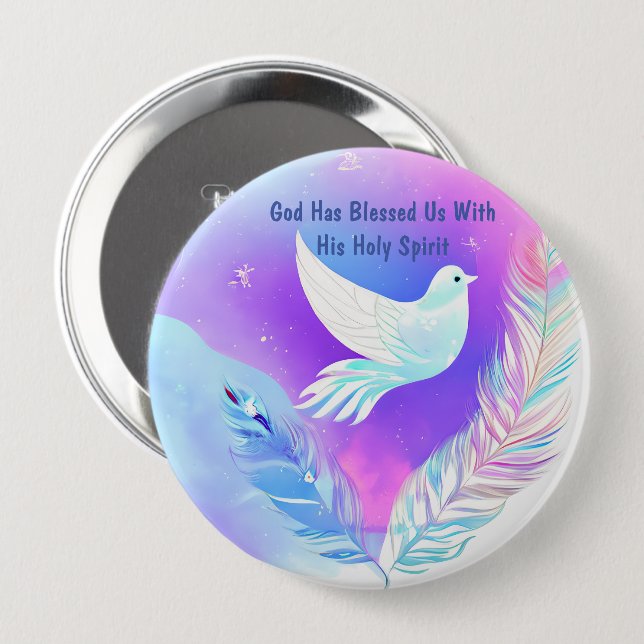 White Dove with Pink and Blue Feathers 4 Inch Round Button (Front & Back)