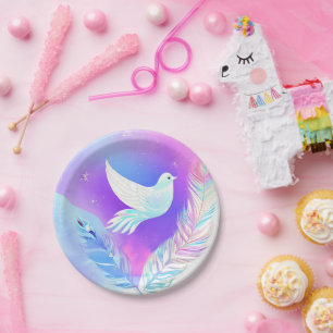 White Dove with Pink and Blue Feathers Paper Plate