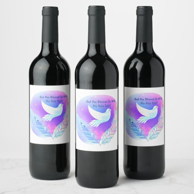White Dove with Pink and Blue Feathers Wine Label (Bottles)
