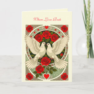 White Doves and Red Roses Art Nouveau Card