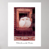 WHITE DOVES AT THE WINDOW, anique red pink