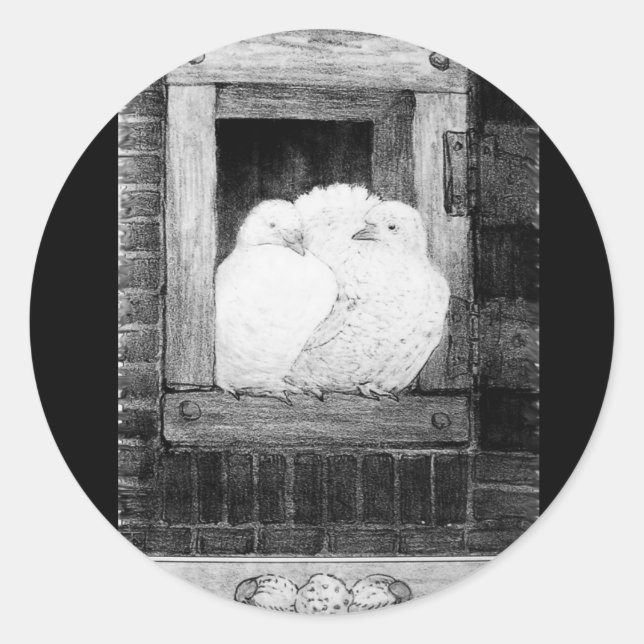 WHITE DOVES AT THE WINDOW black and white Classic Round Sticker (Front)