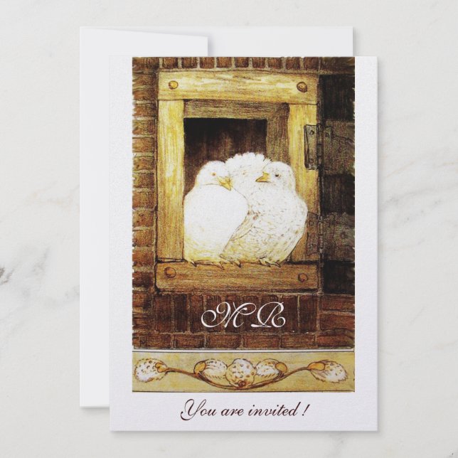 WHITE DOVES AT THE WINDOW monogram,ice metallic Invitation (Front)