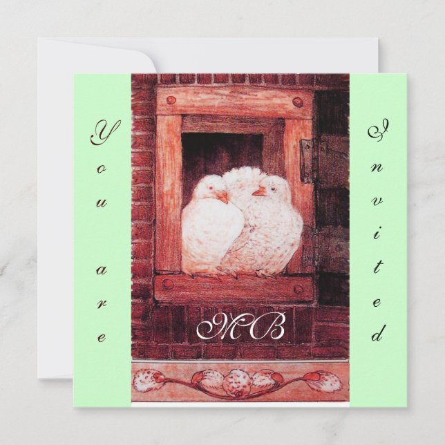 WHITE DOVES AT THE WINDOW, monogram red green Invitation (Front)