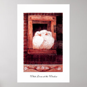 WHITE DOVES AT THE WINDOW, red pink Poster