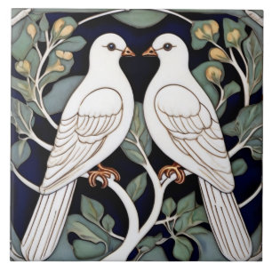 White Doves Birds Art Nouveau Dove Bird Art Deco Tile