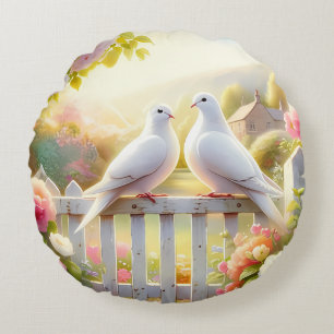 White Doves Cottage Garden Round Pillow
