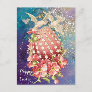 WHITE DOVES,EASTER EGG AND PINK FLOWERS IN BLUE HOLIDAY POSTCARD