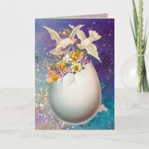 WHITE DOVES ,EASTER EGG AND YELLOW FLOWERS IN BLUE HOLIDAY CARD