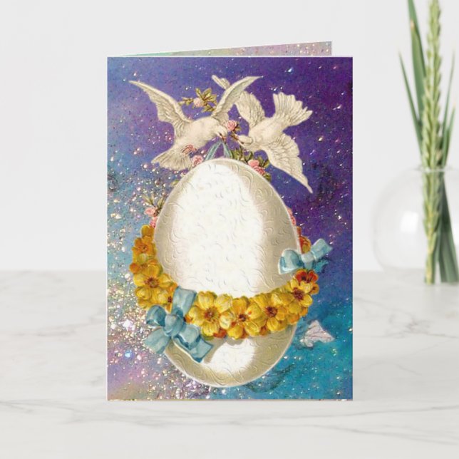 WHITE DOVES ,EASTER EGG AND YELLOW FLOWERS IN BLUE HOLIDAY CARD (Front)