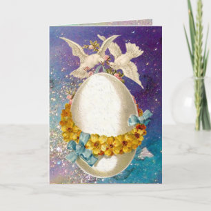WHITE DOVES ,EASTER EGG AND YELLOW FLOWERS IN BLUE HOLIDAY CARD