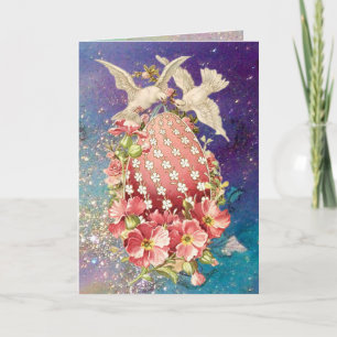 WHITE DOVES ,EASTER EGG WITH PINK FLOWERS IN BLUE HOLIDAY CARD