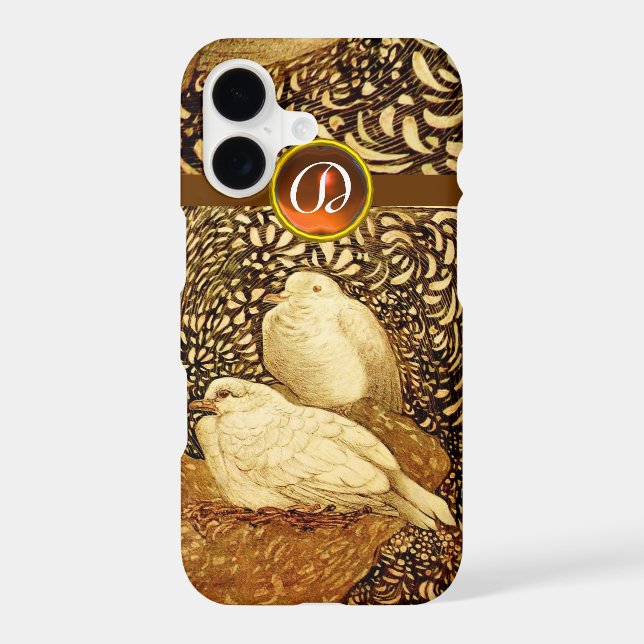 WHITE DOVES IN BROWN SEPIA,GEM STONE MONOGRAM (Back)