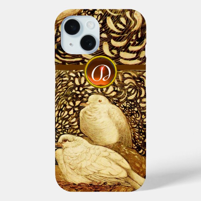 WHITE DOVES IN BROWN SEPIA,GEM STONE MONOGRAM Case-Mate iPhone CASE (Back)