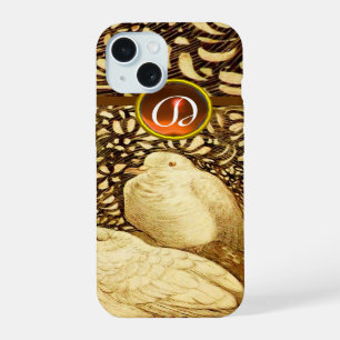 WHITE DOVES IN BROWN SEPIA,GEM STONE MONOGRAM iPhone 15 CASE