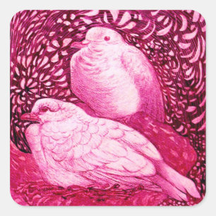 WHITE DOVES IN PINK FUCHSIA SQUARE STICKER