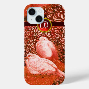 WHITE DOVES IN RED MONOGRAM iPhone 15 CASE