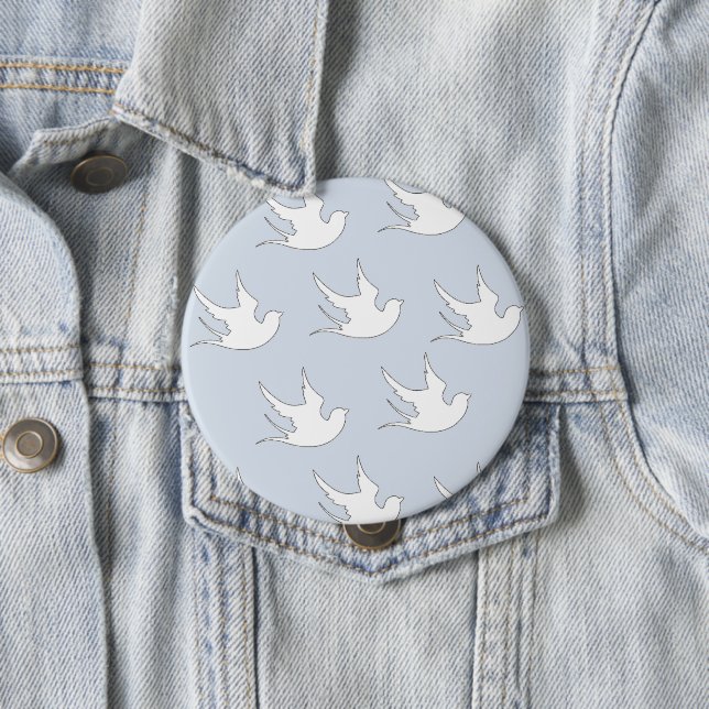 white doves on blue 4 inch round button (In Situ)