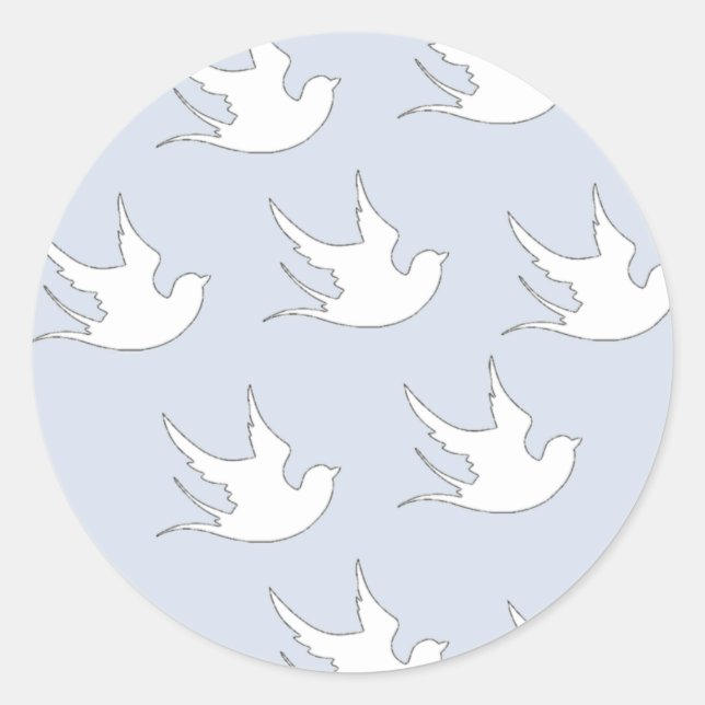 white doves on blue classic round sticker (Front)