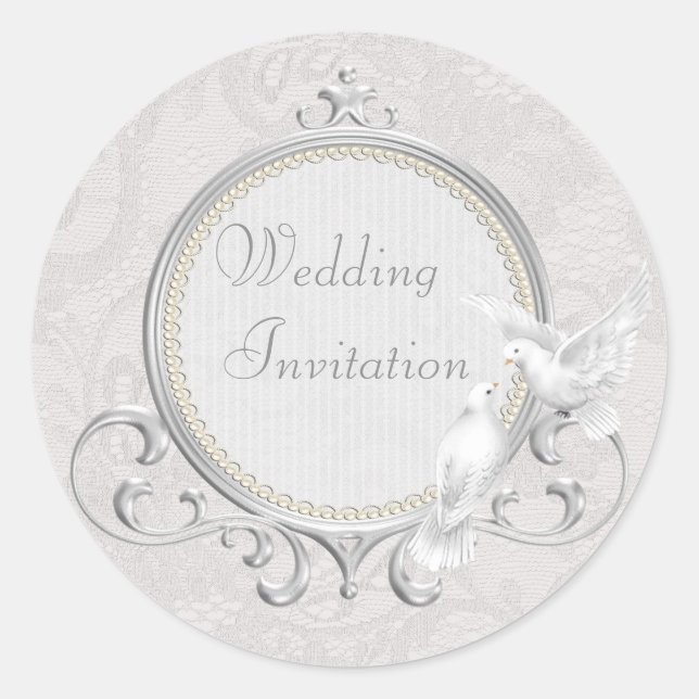 White Doves & Paisley Lace Wedding Invitation Classic Round Sticker (Front)
