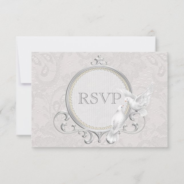 White Doves & Paisley Lace Wedding RSVP Card (Front)