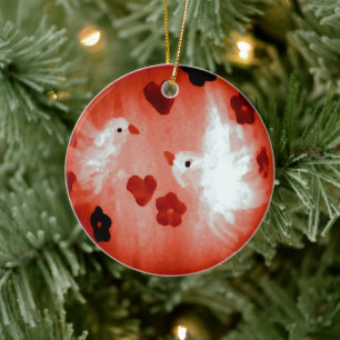 White Doves Red Hearts Love Birds Ceramic Ornament