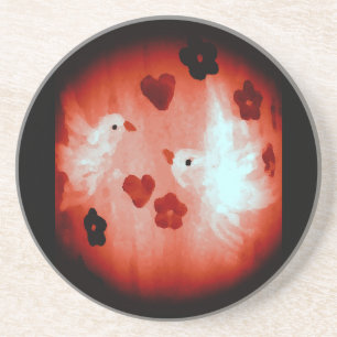 White Doves Red Hearts Love Birds Coaster