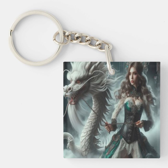 White Dragon and Tamer Keychain (Front)
