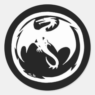 White Dragon black round stickers (black edge)