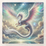 White Dragon Glass Coaster<br><div class="desc">A radiant white dragon glides gracefully through a heavenly sky,  with rainbow-tinted wings and shimmering stardust.</div>
